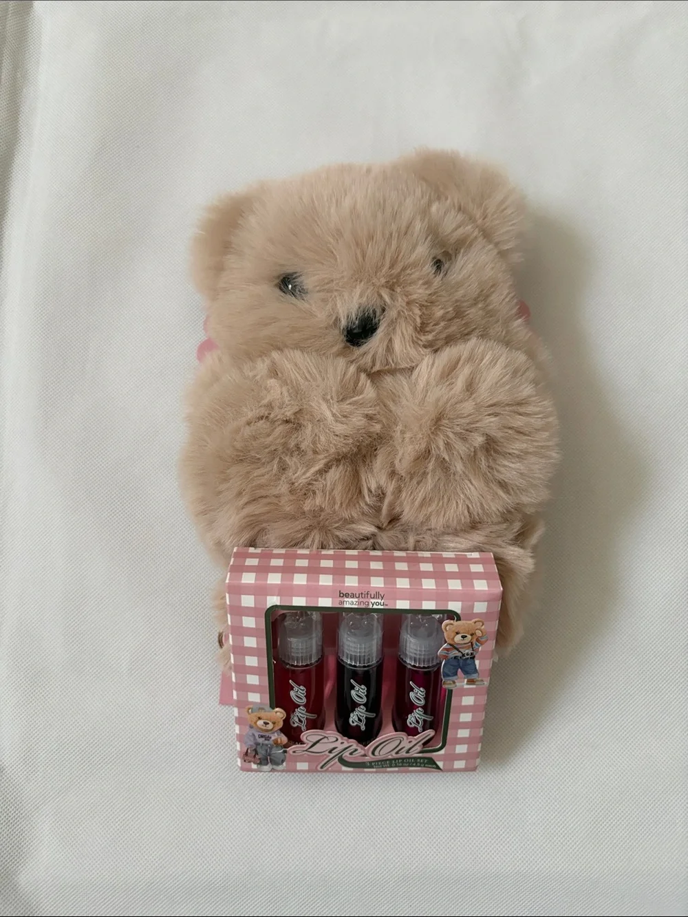 Plush Tan Small Pets Bear Bag with Pink-Checked Lip Oil Gift Set